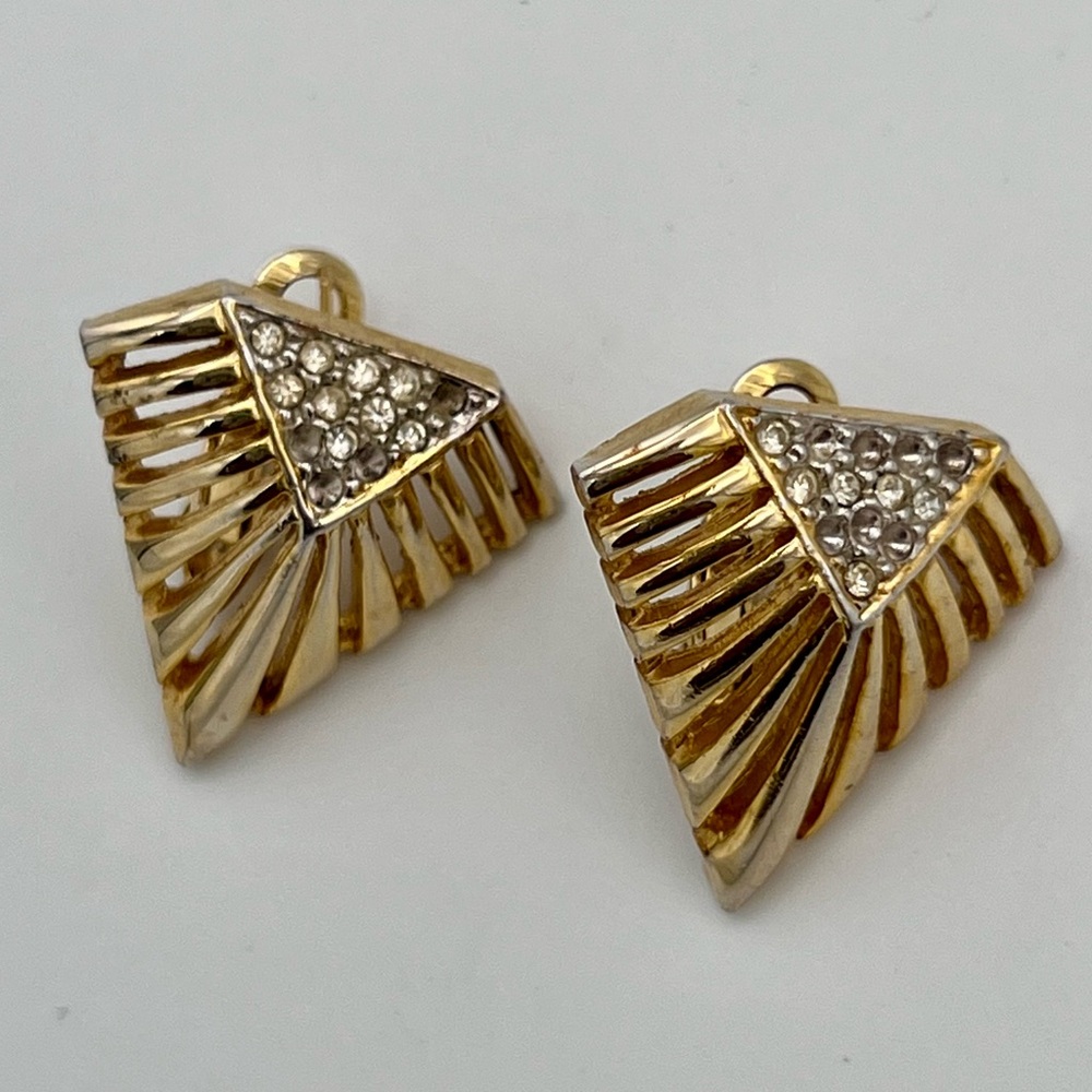 Vintage Napier Gold Tone Crystal Accent Fan-Shaped Clip Earrings